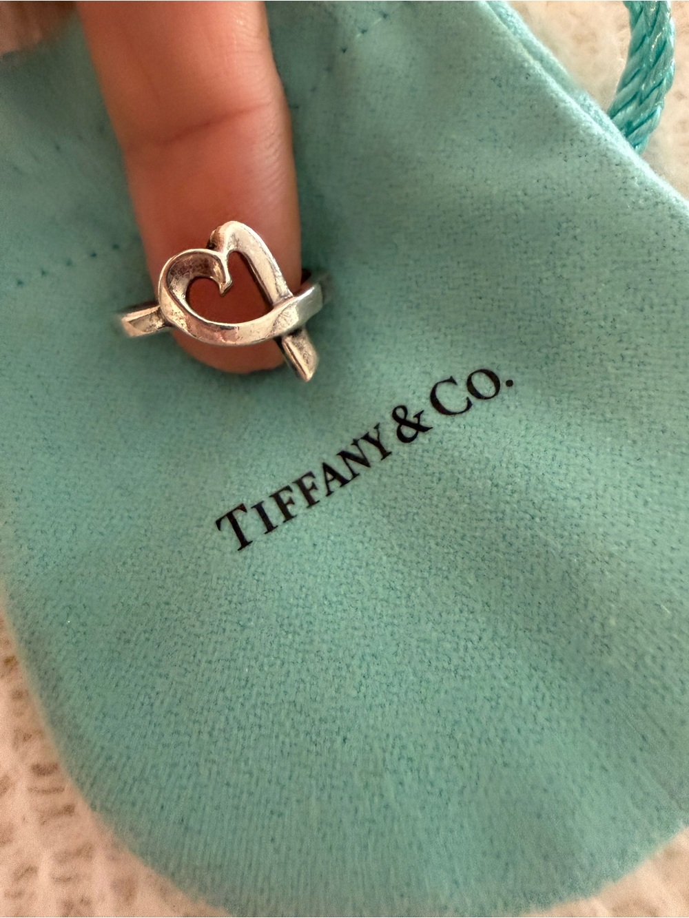 Tiffany & Co. Sterling Silver Open Heart Ring with Tiffany Blue Pouch